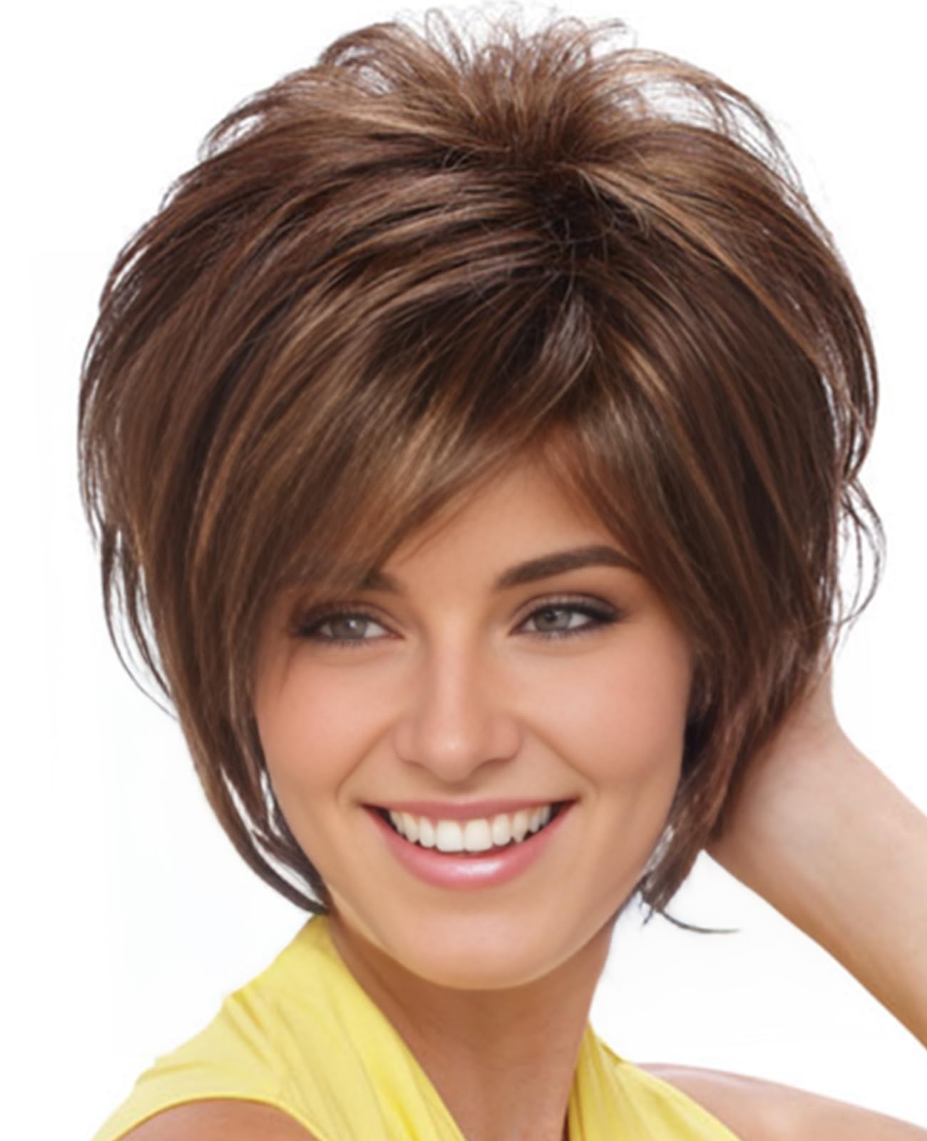 Photo 1 of RENERSHOW Short Mixed Brown Highlight Wigs for White Women Shaggy Layered Brunette Pixie Cut Wig with Bangs Synthetic Red Brown with blonde Hair Wig