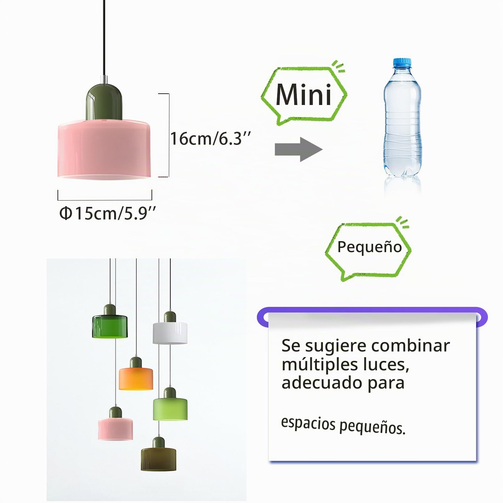 15cm Lámpara Colgante de Vidrio Estilo Escandinavo, Lámpara de Techo E27, Altura Ajustable, Metal y Vidrio, Iluminación Moderna para Cocina, Comedor, Salón, Bar, Cafetería (Verde Oliva)