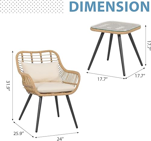 Miniatura 6 de JOIVI Juego de 3 piezas de mimbre para exteriores, muebles de patio, sillas de ratán y mesa auxiliar cuadrada para porche, balcón, piscina, patio,