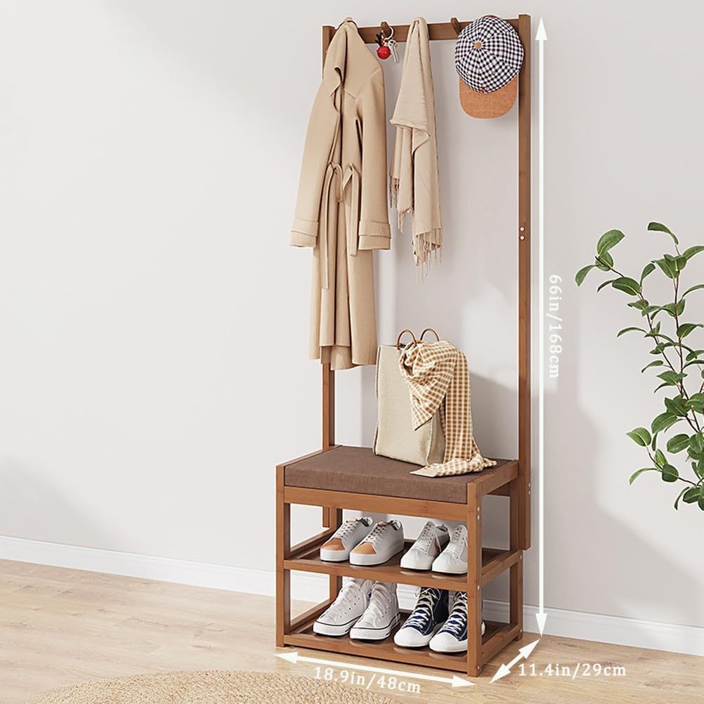 Coat Rack Hall Tree, with Bench, Shoe Rack and Coat Rack 3-in-1 Entryway Shoe Storage Cabinet, 3 Tier Shoe Shelf Storage Organizer Rack ()