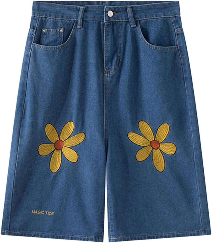 Mens Bermuda Jean Shorts Summer Floral Print Loose Fit Baggy Denim Shorts with Pockets