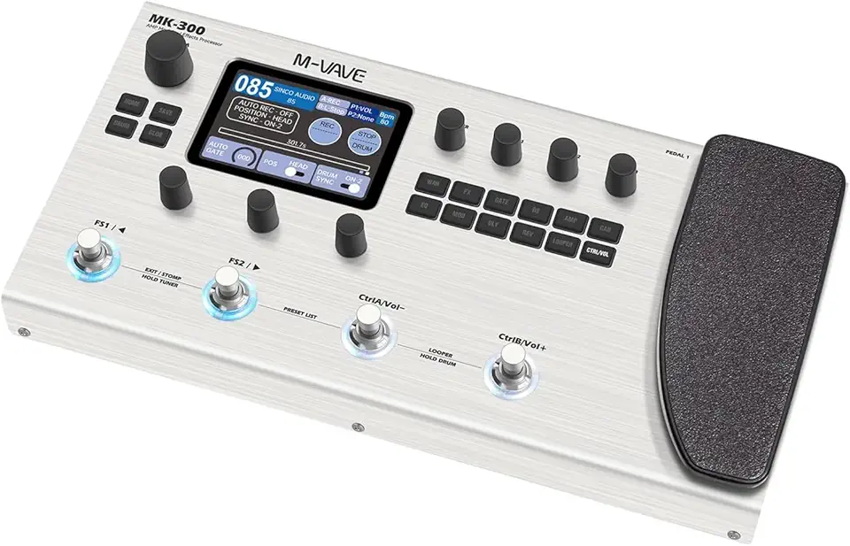 ANVAR M-VAVE MK-300 Modelador de Amp e Efeitos para Guitarra/Baixo com Looper, Drum Machine, Bluetooth, 11 Módulos, 160 Presets, Pedal de Expressão, USB-C, Ideal para Estúdio e Palco (Branco)