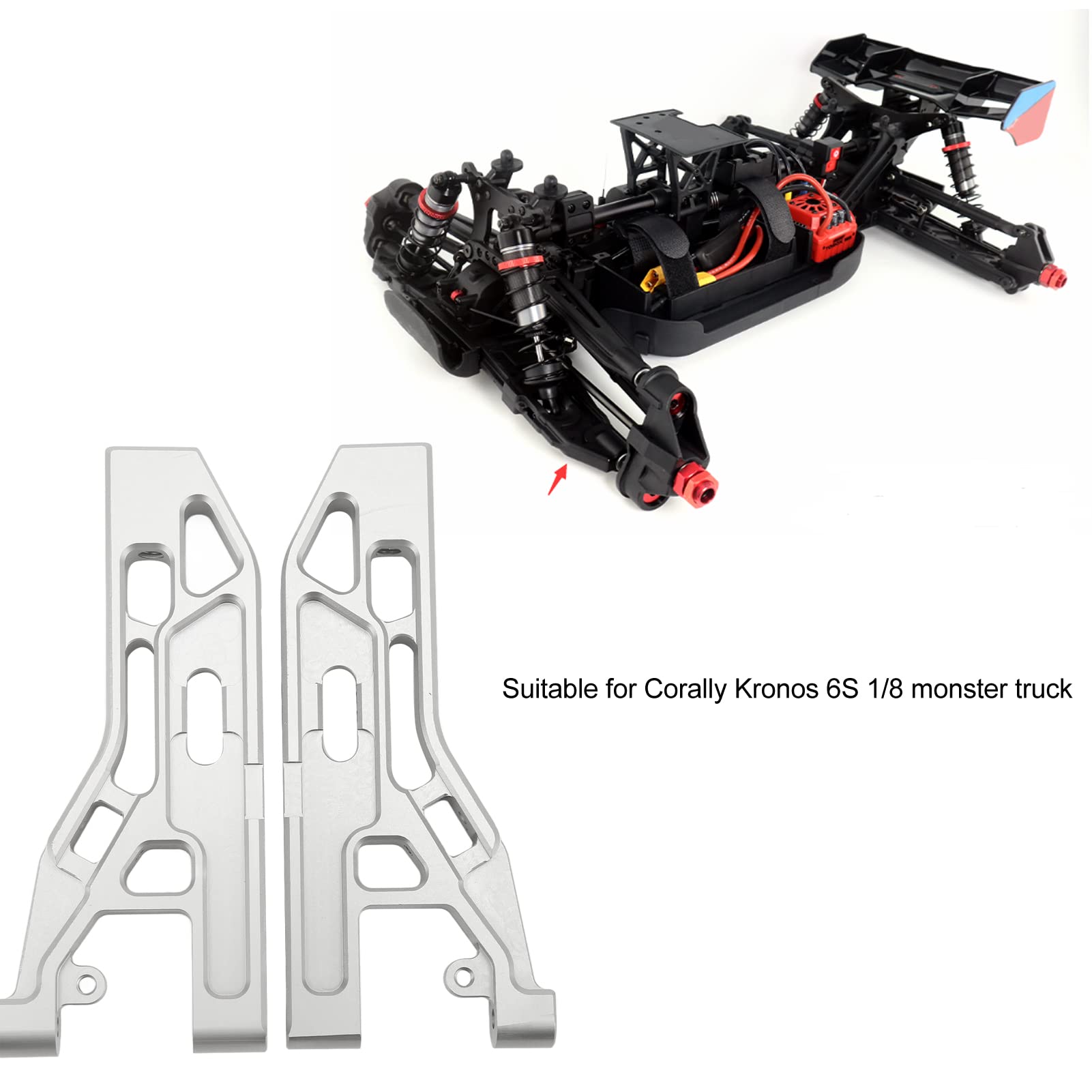 2 Stück RC-Vorderachse mit unteren Schwingen, silberne Aluminiumlegierungs-Aufhängungsarme für Corally Kronos 6S 1/8 Monstertruck, Metall-Ersatz-Arme mit verbesserter Haltbarkeit