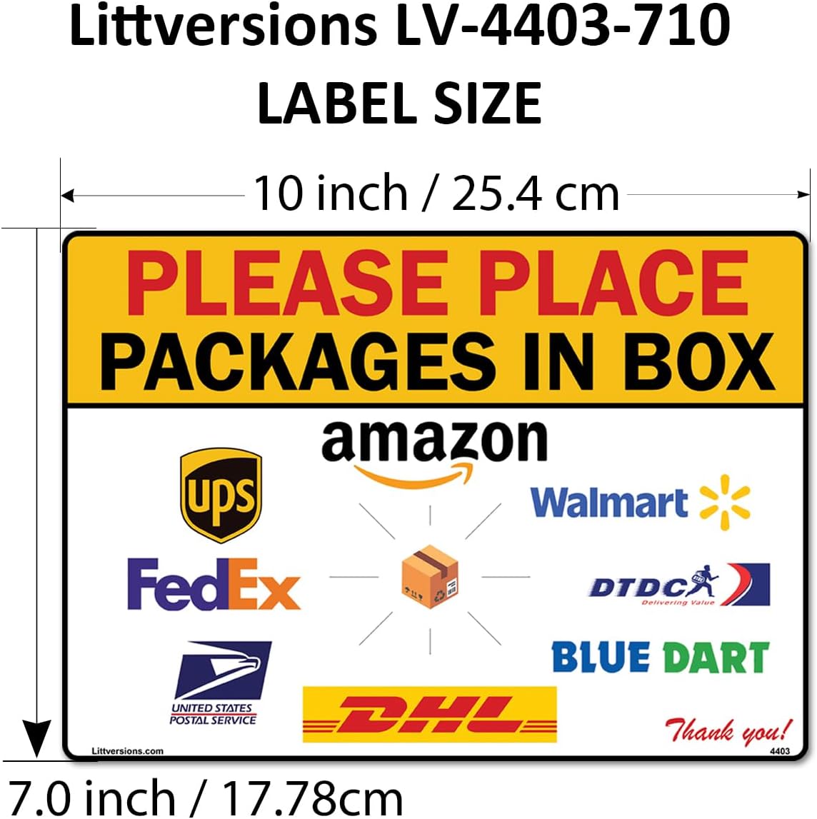 4 Pack 7"x 10" Package Delivery Sign for Home, Office, Box, Front door, Porch Self-Adhesive "Place Packages in Box" Waterproof Sign for UPS, FedEx, Amazon, USPS, DHL Decal