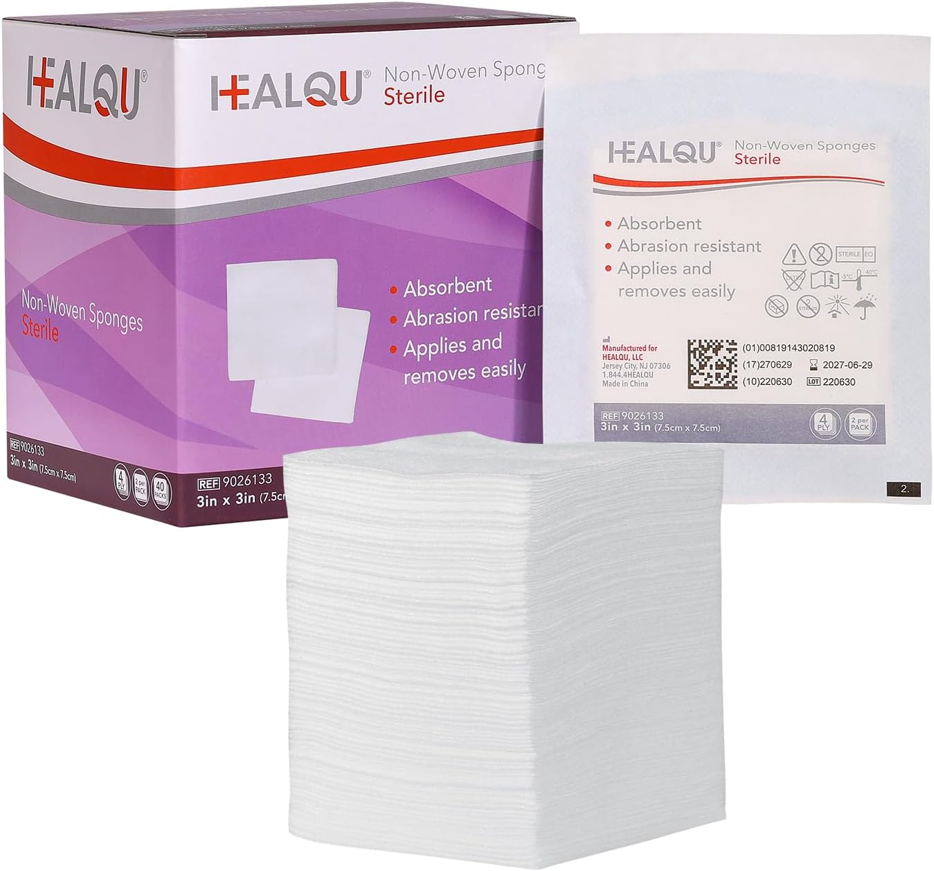 HEALQU 3x3 Gauze Pads Sterile - 80 Gauze Pads - (40 Packs of 2 Pads), Non Woven Gauze Sponges - Super Absorbent Medical Gauze Sponges for Wounds Bulk, First Aid Kits, Medical Facilities
