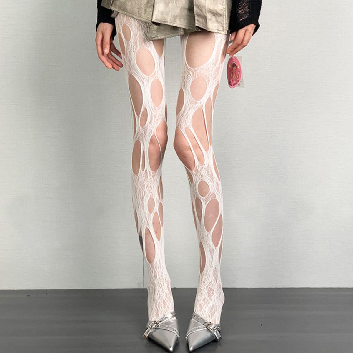 Women's Ripped Fishnet Tights Gothic Irregular Distressed Hole Hollow Out Mesh Tights Stockings Y2k White Lace Pantyhose for Women Girls Halloween Cosplay Masquerade Party Accessories