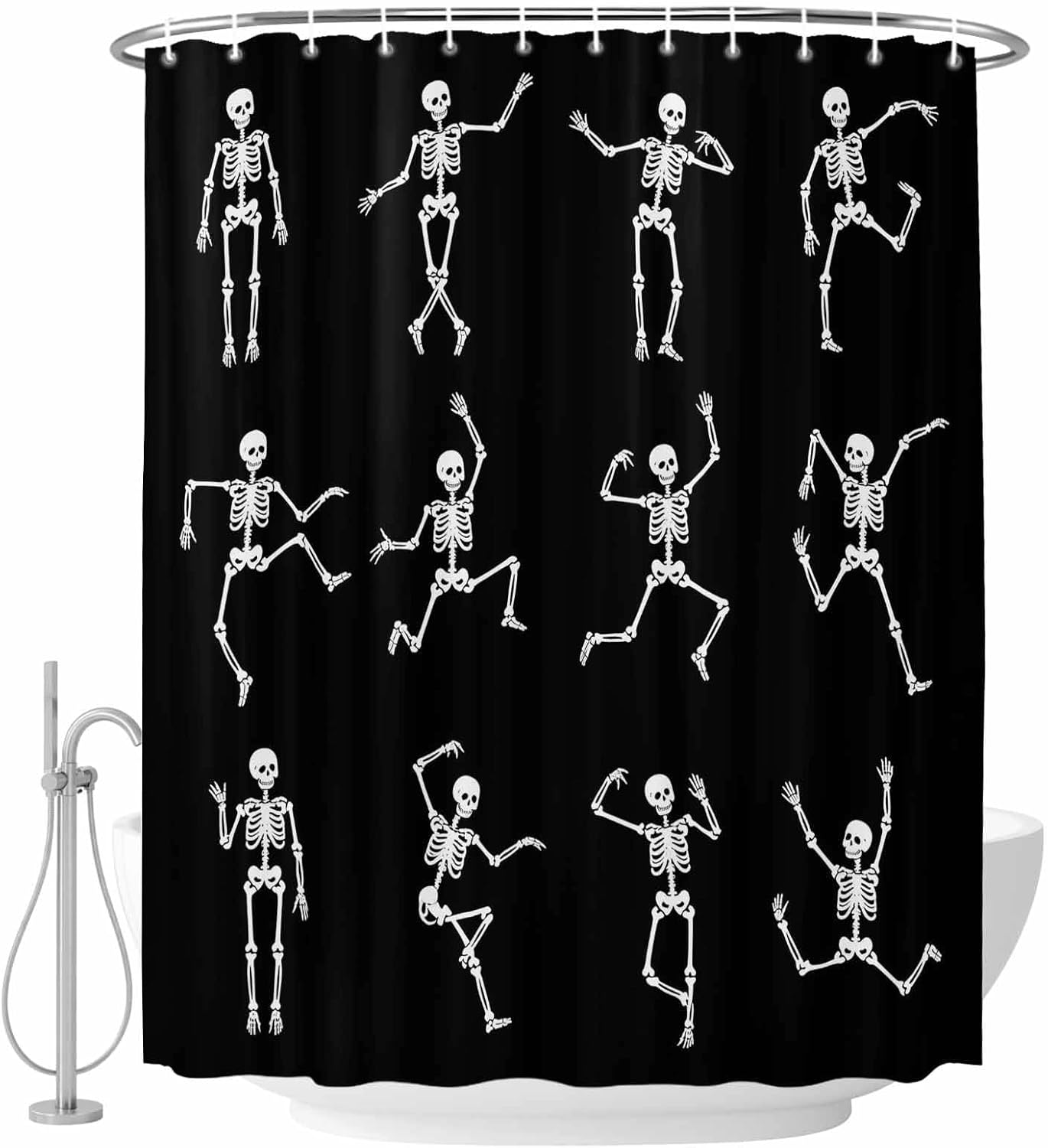 Halloween Shower Curtain Dancing Skeleton Bathroom Curtains with Hooks, Waterproof Fabric Funny Black Skull Shower Curtains Set for Bathroom Bathtubs Halloween Holiday Party Decor 72x72 Inch