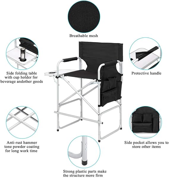 26 Tall Directors Chair Height Seat Folding with Side Table Storage Bag, Portable Makeup Artist Chair with Bar Height, Support for 300Lbs, Black (Silver White)