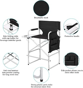 26 Tall Directors Chair Height Seat Folding with Side Table Storage Bag, Portable Makeup Artist Chair with Bar Height, Support for 300Lbs, Black (Silver White)