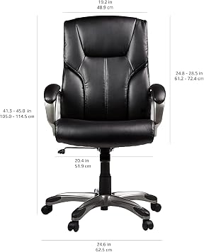Amazon Basics Executive High Back Office Chair, Adjustable Height, Tilt, Swivel, Padded Seat, Bonded Leather, Wheels, Black/Silver