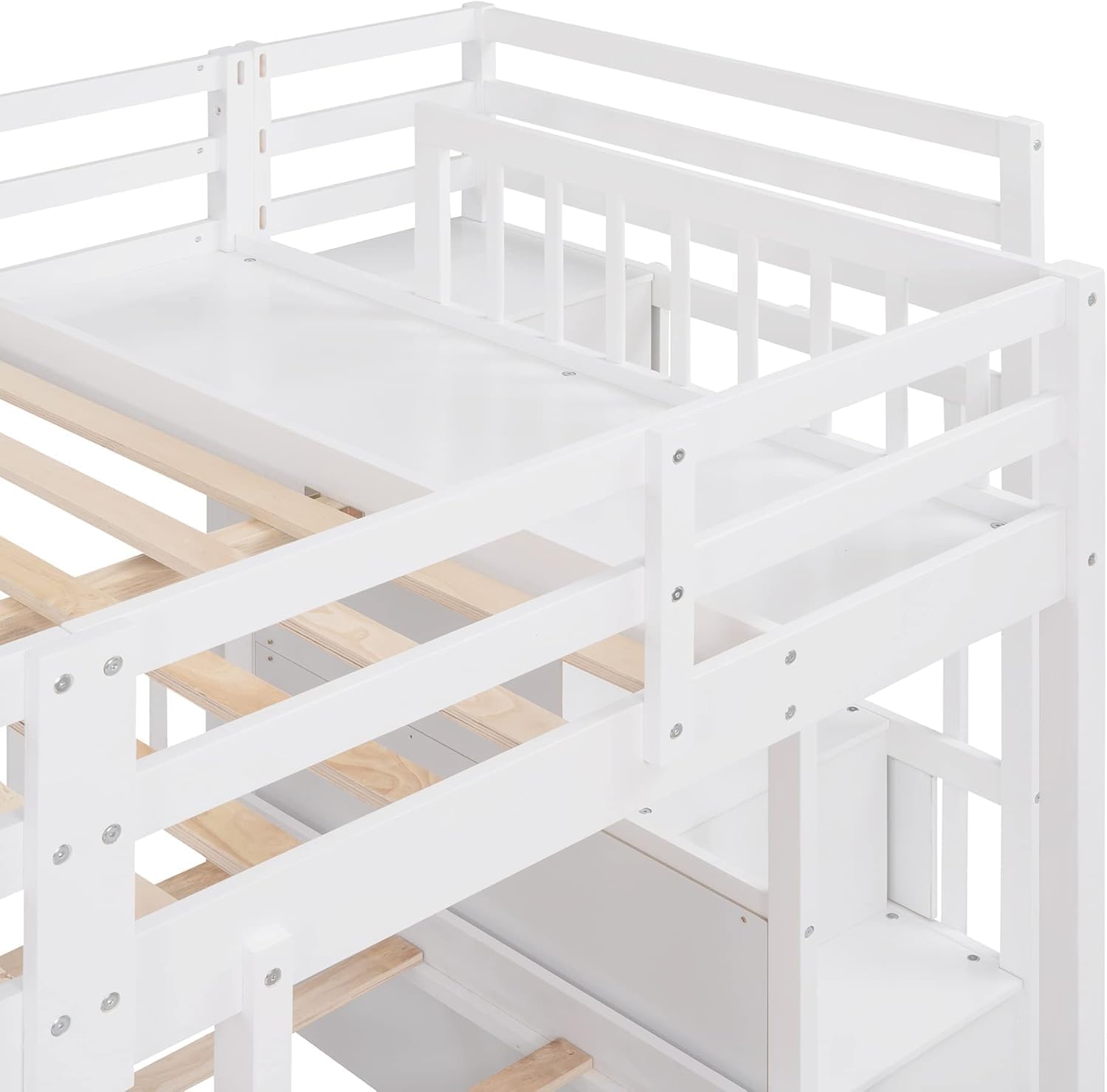 KUIKUI Triple Bunk Beds for Kids, Full Over Twin and Twin Bunk Bed for 3 with Stairs, with Extra Storage Space and Drawers, White
