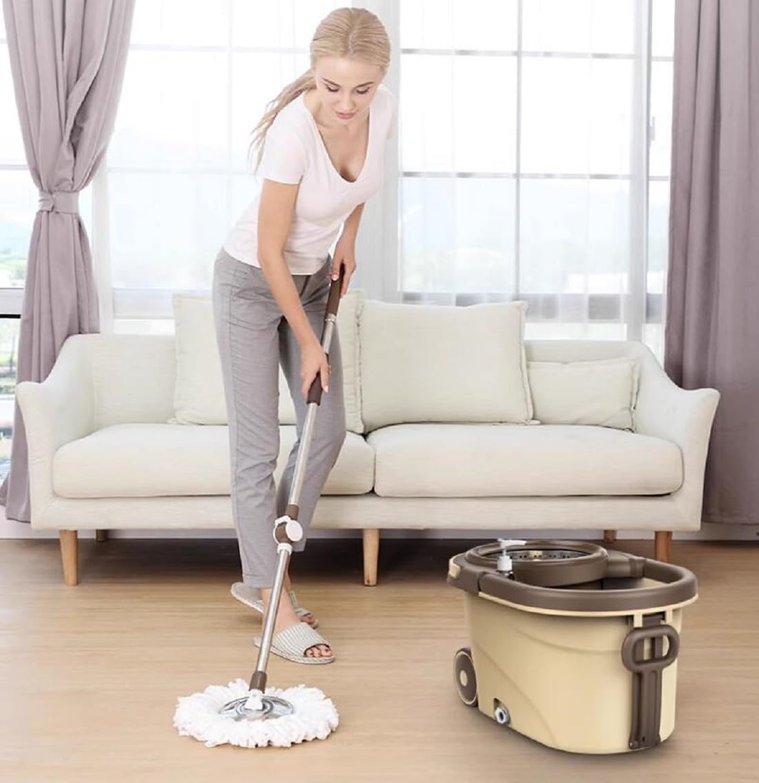 Mocio Lavapavimenti Rotante,con Acciaio Inossidabile Manico Telescopico, Roto Mop con Secchio E 5 Testine in Microfibra,Spin Mop Professionale per Pulizia Pavimenti, con 1 Spazzola Pavimenti