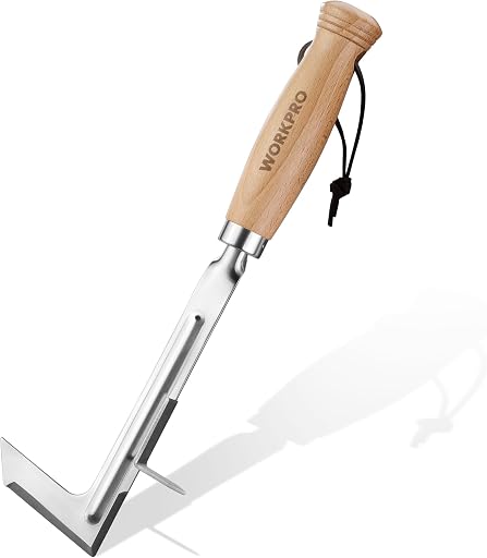 WORKPRO Crack Weeder, 12" Stainless Steel Crevice Weeding Tool | Beech Wood Handle, L-Shaped Sidewalk Weed Puller Spatula, for Garden Lawn Yard Patio Terrace Paving Moss