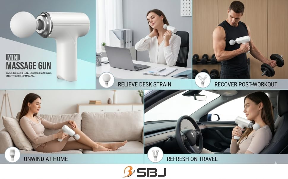 Image of SBJ Massage Gun, Deep Tissue Body Massager for Pain Relief, 6-Speed Portable Percussion with 4 Heads for Muscle Pain Relief and Relaxation (White,Black,Pista Green and Sky Blue)
