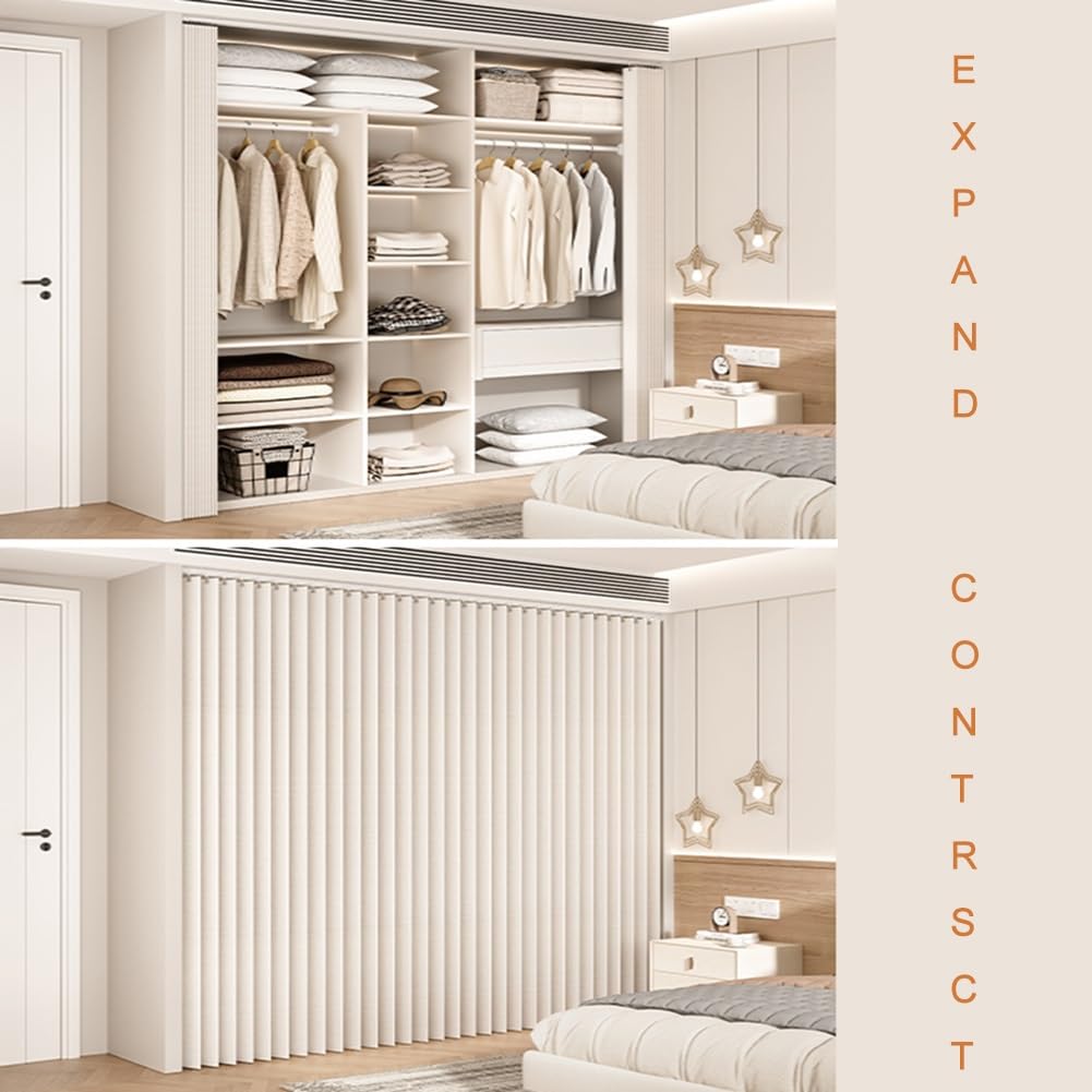 Tenda per Scaffale Magnetiche Piega, Tenda per Cabina Armadio Oscurante Antipolvere Privacy per Bagno Scarpiera Libreria con Binario Silenzioso Autoadesivo(Beige,W 90cm x H 200cm)