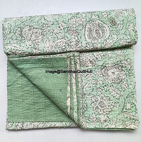 Green Handblock Floral Print Handmade Cotton Kantha Quilting Boho Bedding Throw Blanket Hippie Queen/King Size Bohemian Block Kantha Quilt (90X108 inches (Double/Queen))