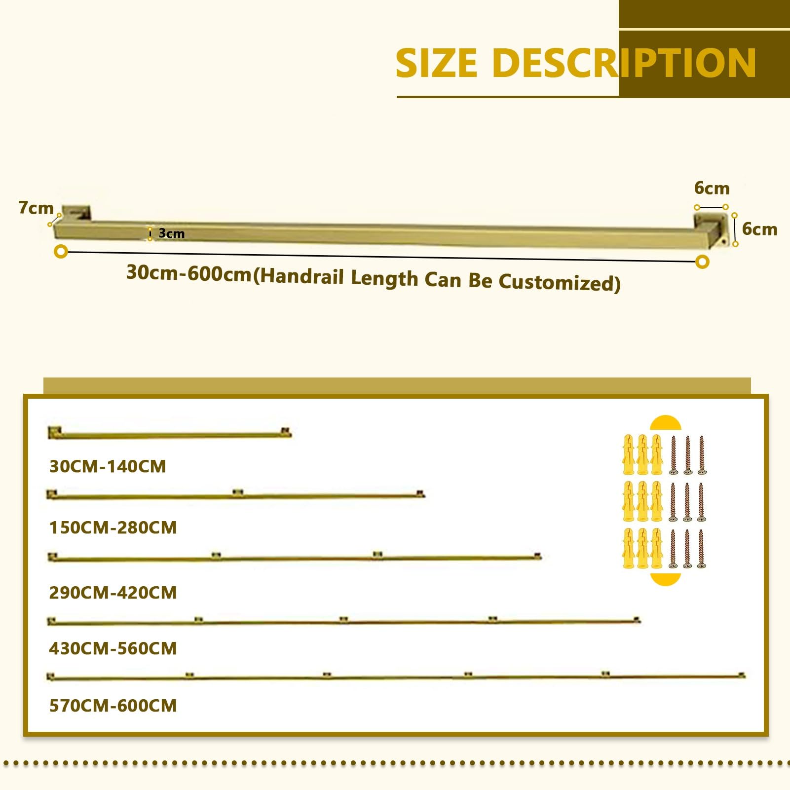 30–600 cm Handlauf für Treppen im Innen- und Außenbereich, Treppengeländer, Handläufe aus Schmiedeeisen, Sicherheitshaltegriff mit Wandhalterungen und Metallschrauben (Gold, 2,6 Fu
