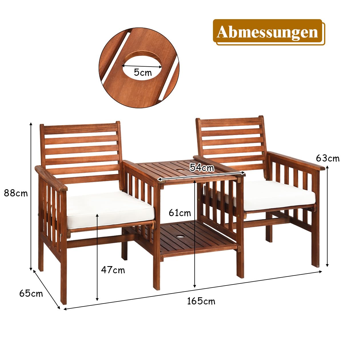 COSTWAY Gartenbank mit Tisch, 2-Sitzer Holzbank mit Sitzkissen & Schirmloch, Sitzbank aus Akazienholz bis 350 kg belastbar, Terrassenbank für Balkon, Garten, Terrasse, 165 x 65 x 88 cm
