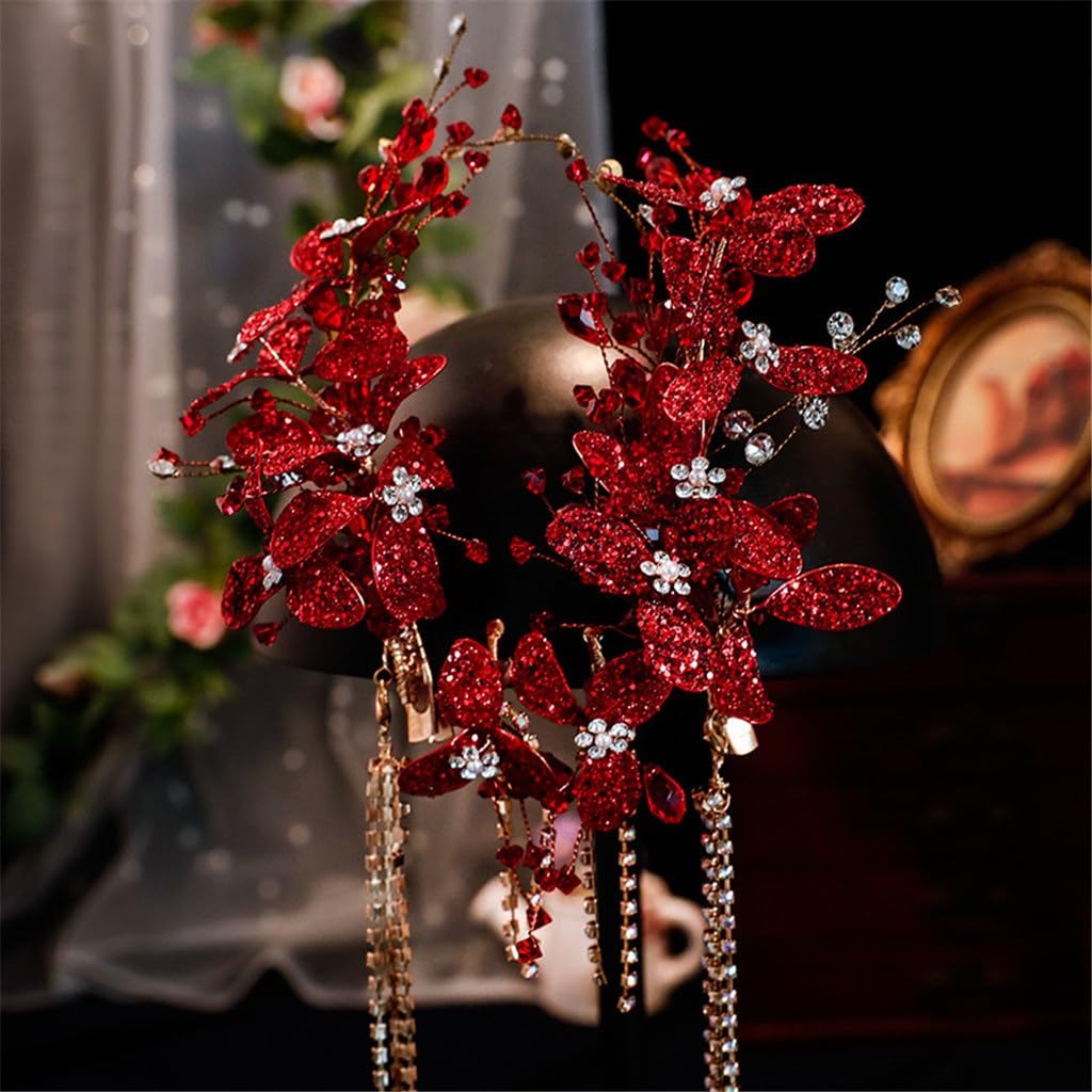 Bridal Tiara Red Petal Tassel Hairpin Wedding Hair Accessories Dress Toasting