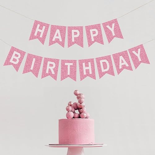 Miniatura 4 de Cartel de feliz cumpleaños de tela, cartel de cumpleaños rosa con purpurina premontada para decoraciones de fiesta de cumpleaños