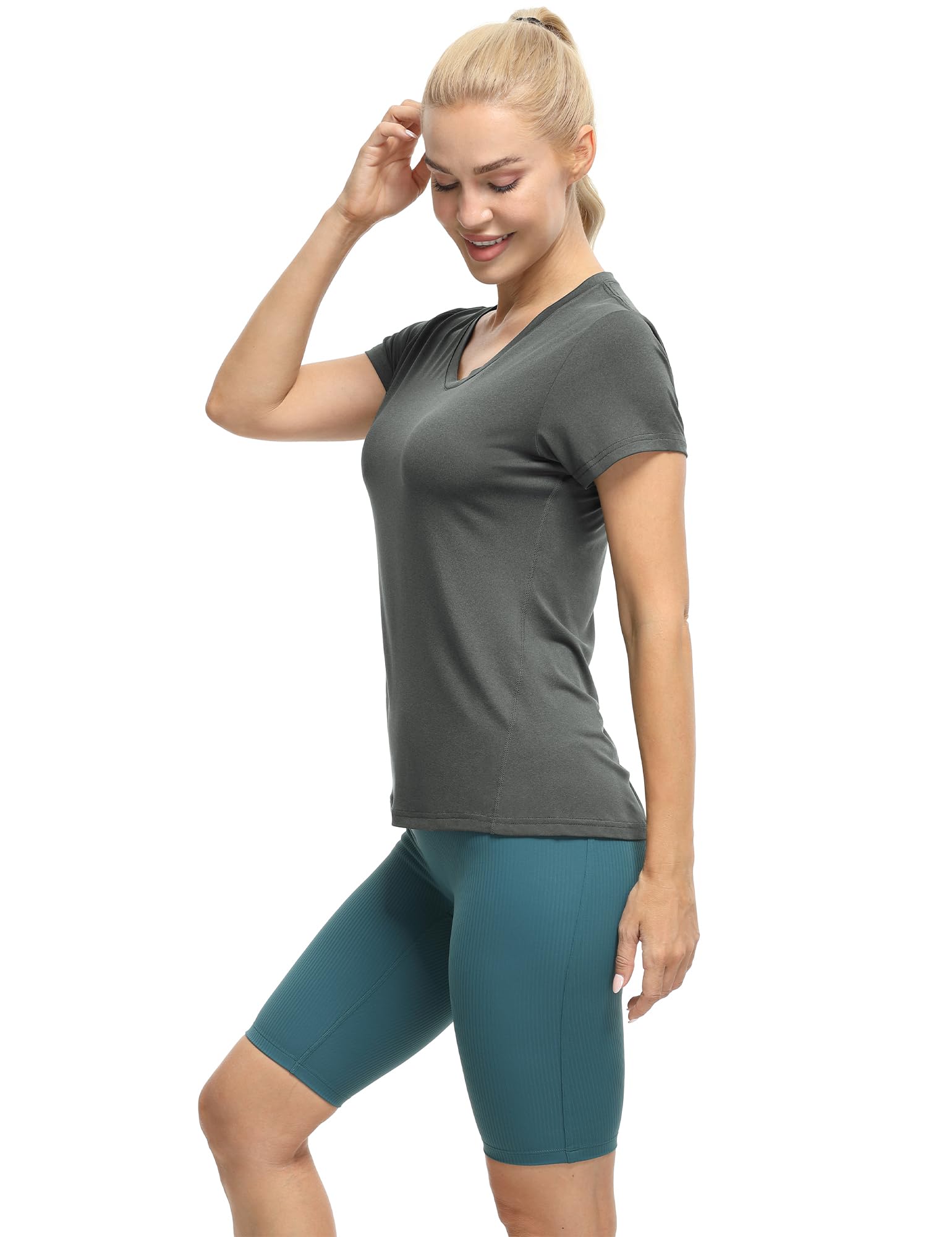 icyzone Damen Sport T-Shirt Kurzarm V-Ausschnitt Laufshirt Atmungsaktive Fitness Gym Funktions Shirt