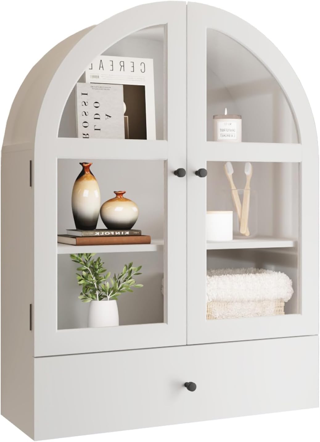 Arched Bathroom Wall Cabinet with Drawer,Over The Toilet Storage Cabinet, Medicine Cabinet with Glass Door for Living Room, Kitchen（Natural Wood Color）