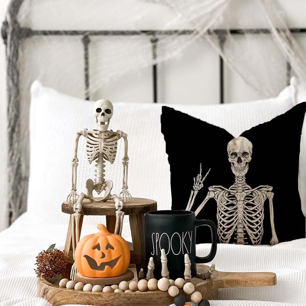 PRK 14 4 pcs Halloween Black Cushion Covers Skeleton Bones Gothic Pillow Throws for Livingroom Bedroom Couples Sofa Horror Scary Pillowcase Set 45 x 45cm - Image 3