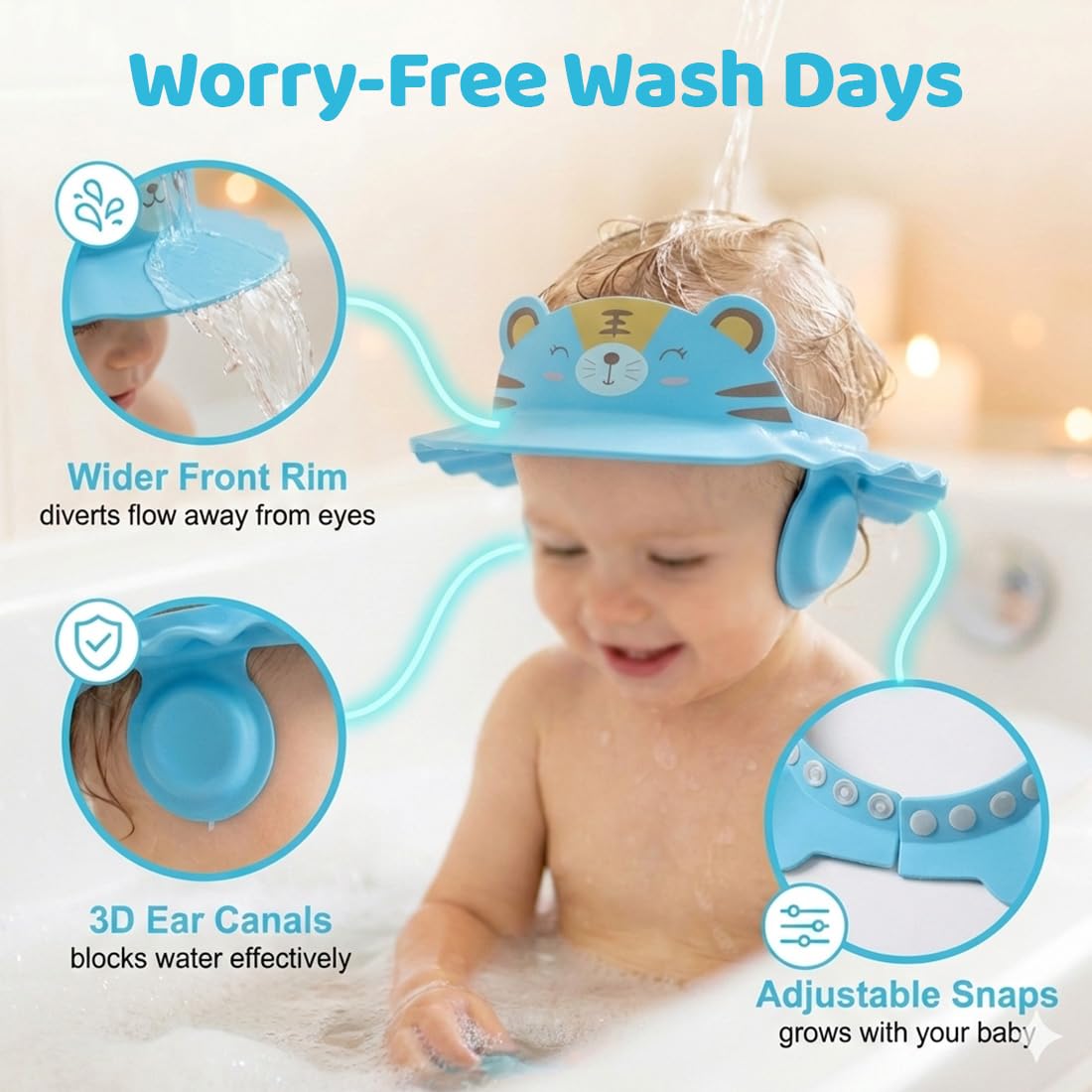 2 Pezzi Cappello Doccia Bambini, Visiera Doccia Bambini, cuffia per shampoo regolabile per bambini, scudo per il lavaggio dei capelli, Bambini Regolabile Doccia Cap per Protezione (Tigre).