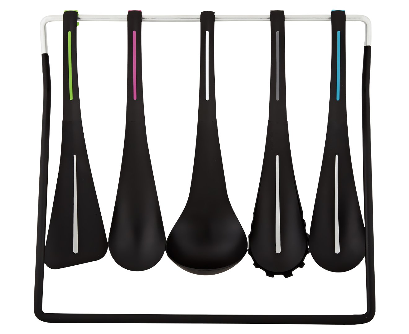 Fusionbrands CurveUtensil Nylon 5 Piece Set of Essential Kitchen Tools with Wire Display and Storage Rack, Multicolor Grips
