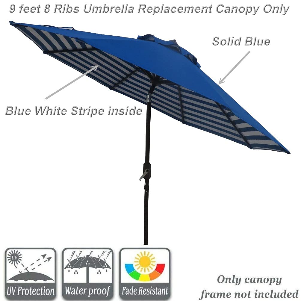Bayside21 Patio Umbrella Replacement Canopy for 9ft 8 Ribs Sun Protection UPF 50+ Replacement Umbrella Canopy (Blue White Stripe Underside)