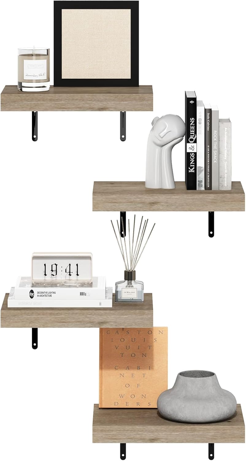 Furinno Tanna Floating Shelves for Wall Set of 4, 15-Inch Wall Shelf, Triple Thick Floating Mounted Shelf, for Bathroom, Home Office, Living Room, Natural