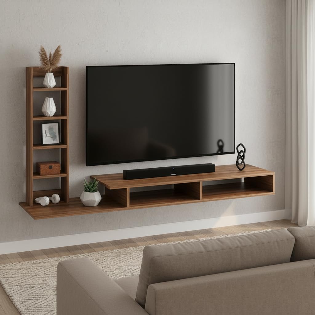 FURNEASER Mattlen Engineered Wood Wall Mount TV Unit, Set Top Box Stand with Display Shelves, Modern Tv Rack, Showcase, Cabinet (Exotic Teak) for 50 inch TV-image-38