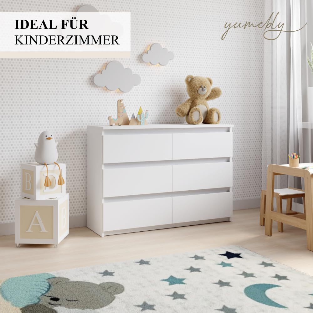 Kommode mit 6 Schubladen Weiß | 100x33x71 cm| Große geräumige Schubladenschrank | Ideal für Schlafzimmer, Wohnzimmer, Kinderzimmer und Büro