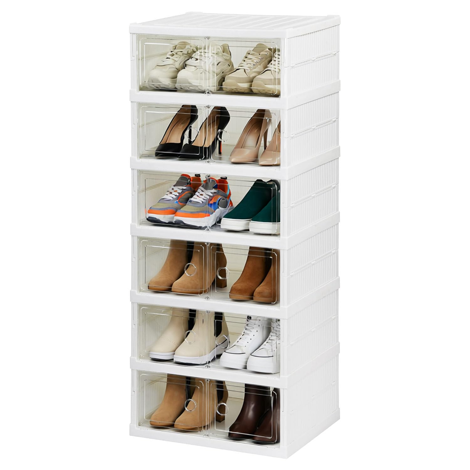 Taylor & Brown 6 Tier Double Shoe Storage Organiser Box White 6 Layer Foldable Collapsible Stackable Shoe Rack Bins for Sneakers Shoes with Clear Display & Magnetic Doors, 107cm Tall