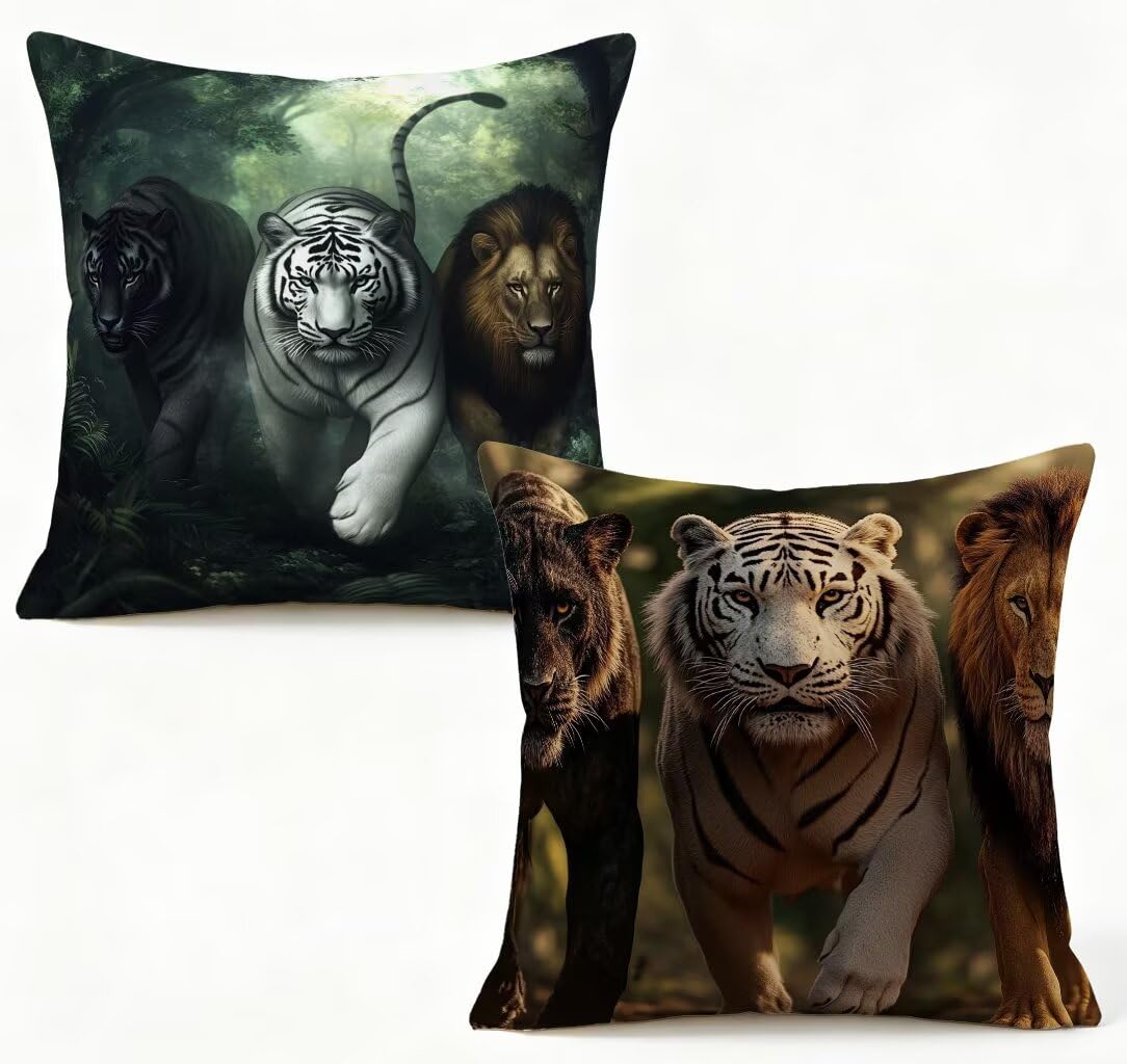 Housse de coussin lin 65x65 exterieur lot de 2 decor tigre et lion