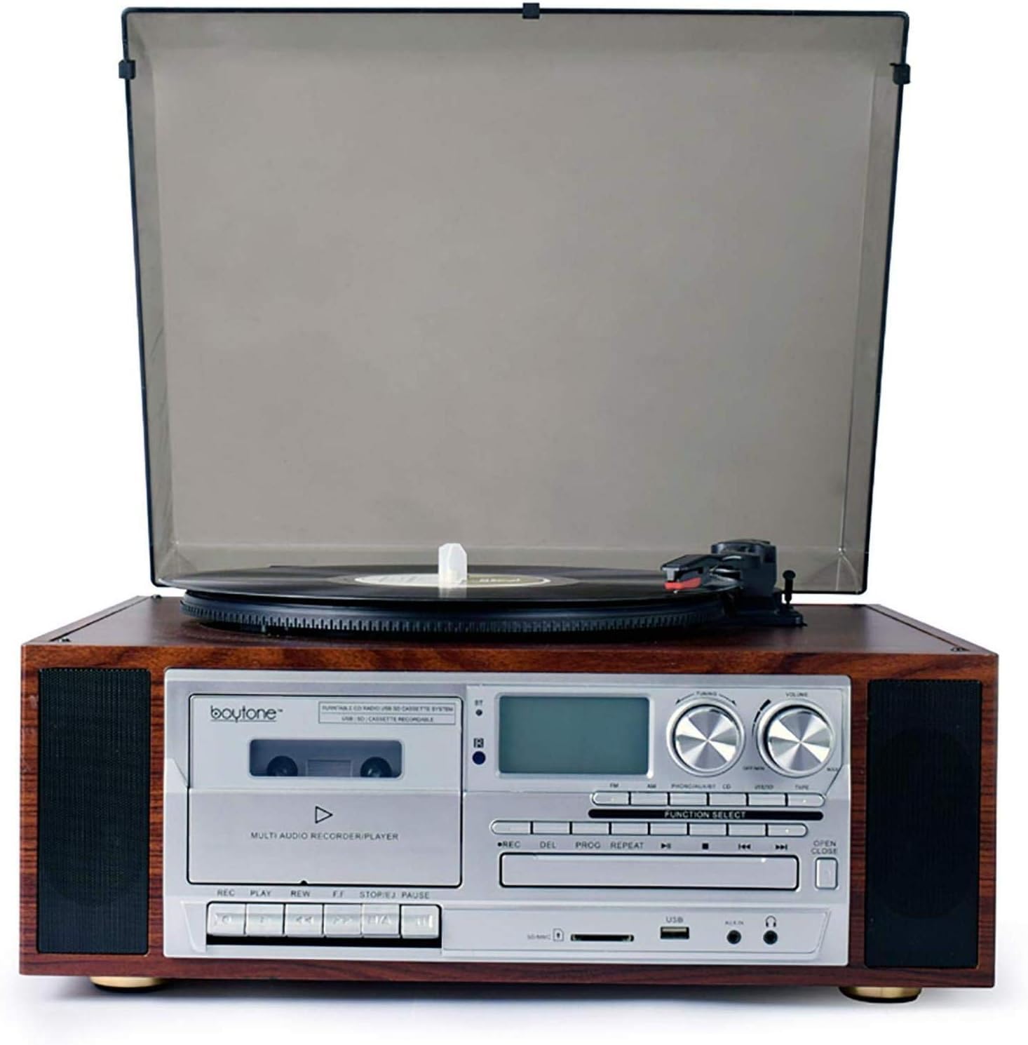 Vintage fonograf z radiem FM/AM, odtwarzaniem USB/SD, gramofonem z 3 prędkościami i wbudowanym przestrzennym stereo do domowej rozrywki