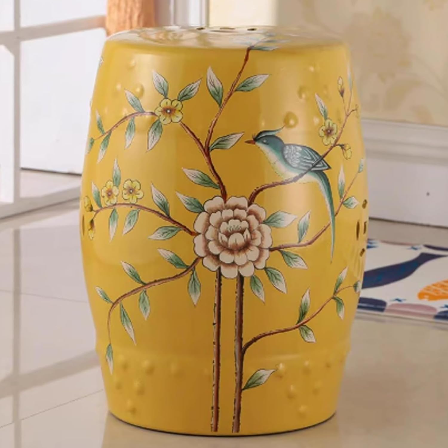 Ceramic Garden Stool, Glazed Hollowed Drum Design, Multipurpose Decorative Accent for Outdoor and Indoor Use