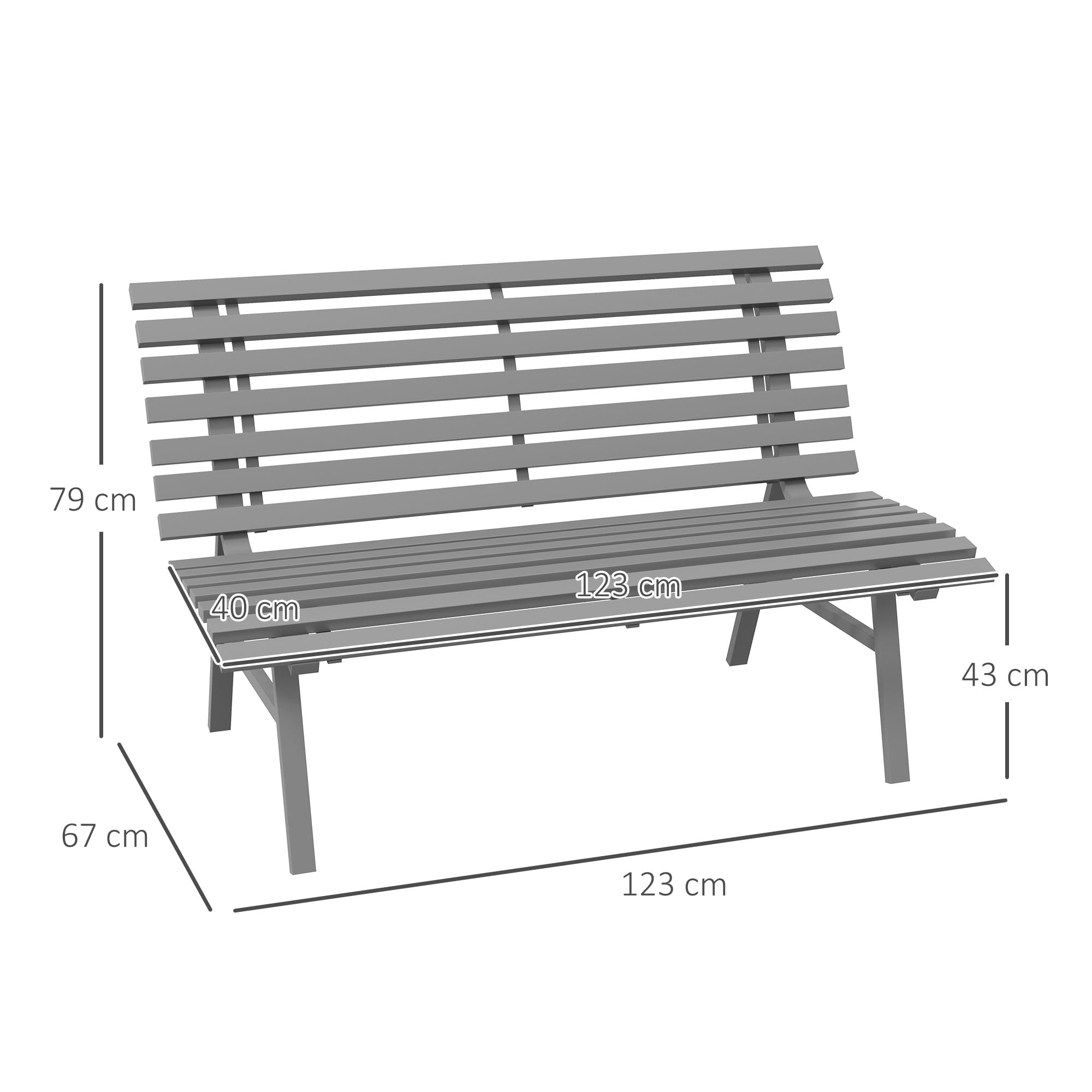 Outsunny Panchina da Giardino da 2 Posti, Panchina da Esterno a Doghe in Alluminio, Panca per Terrazza Patio e Cortile, 123x67x79 cm, Grigio