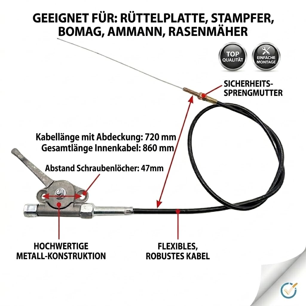 Gashebel mit Seilzug 720mm | Universal Gaszug für Rüttelplatte, Stampfer, Rasenmäher | passend für Bomag, Ammann u.v.m | Robuste Metall Konstruktione inkl. Sicherheitsmutter und Gewinde