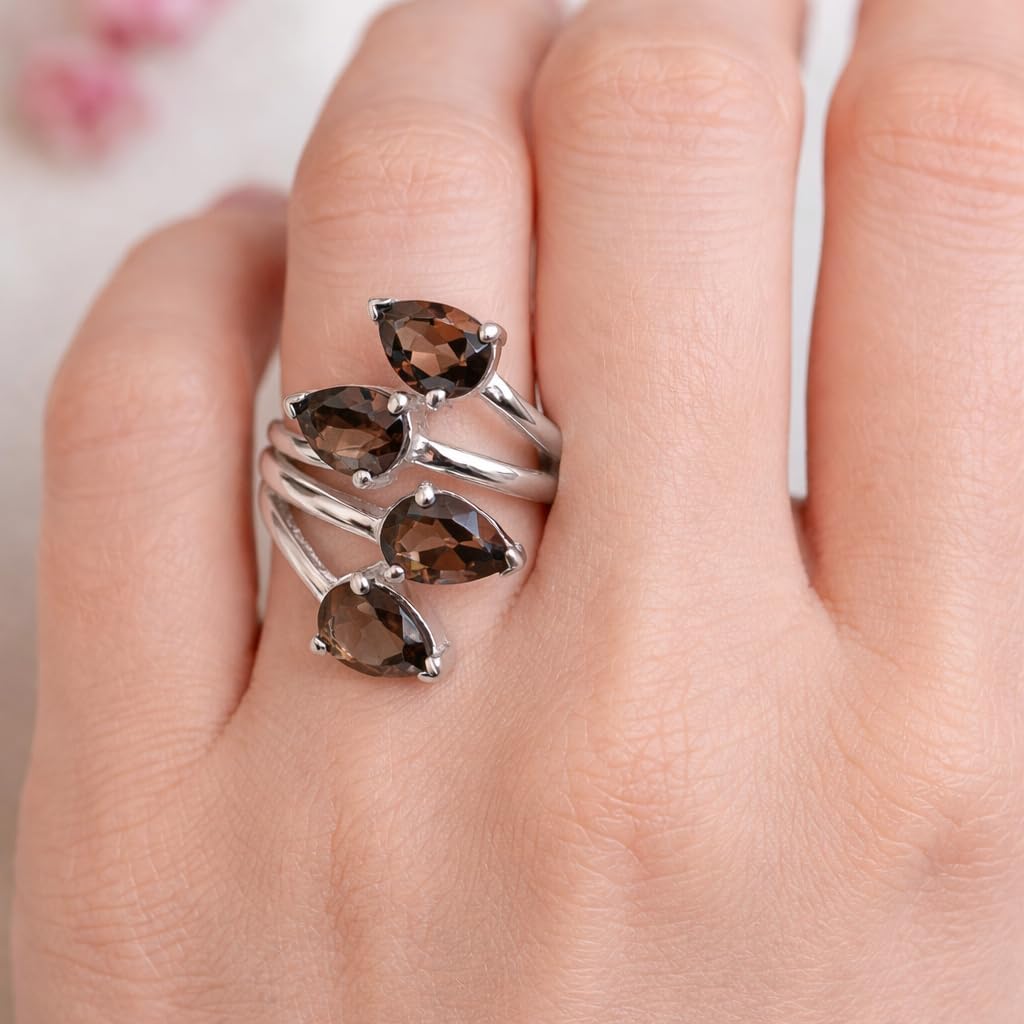 Natural Smoky Quartz Ring for Women, 925 Solid Sterling Silver Spiral Ring, Adjustable Dainty Stackable Boho Ring, Handmade Promise Minimalist Everyday Jewelry