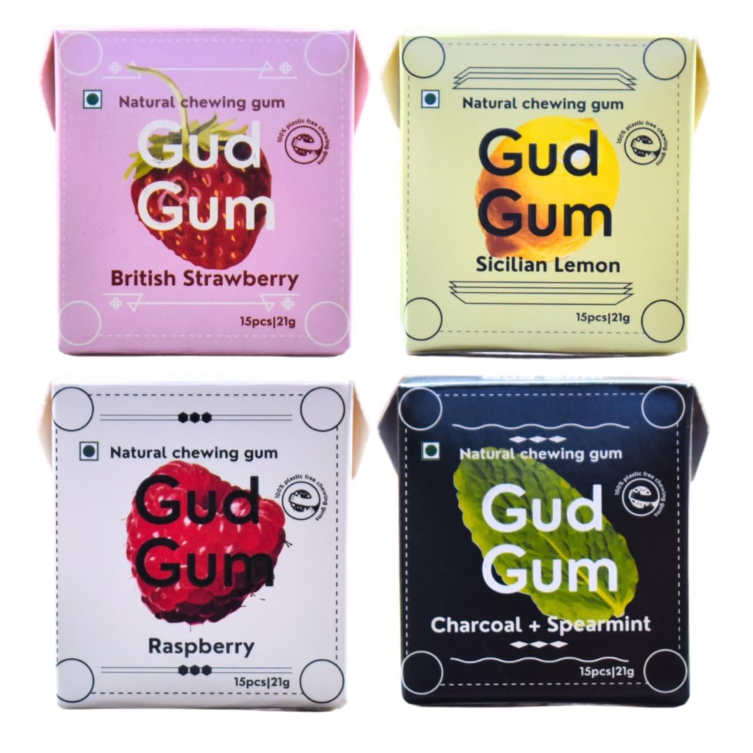 Gud Gum- Natural, Plastic Free Chewing Gum- Raspberry, Lemon, Charcoal Mint, Strawberry- 21g x 4 - Mini Pack of 4- No added artificial colours, flavours & sweeteners (4 Packs, 60 chewing gums)