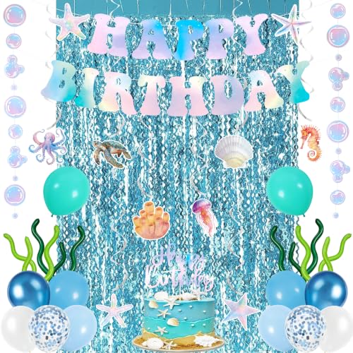 Trgowaul Ocean Theme Birthday Decorations for Girls Boys Blue Sea Animals Party Supplies Happy Birthday Banner Hanging Swirl Fringe Curtain Latex Balloon Under the Sea Party Decorations for Kids