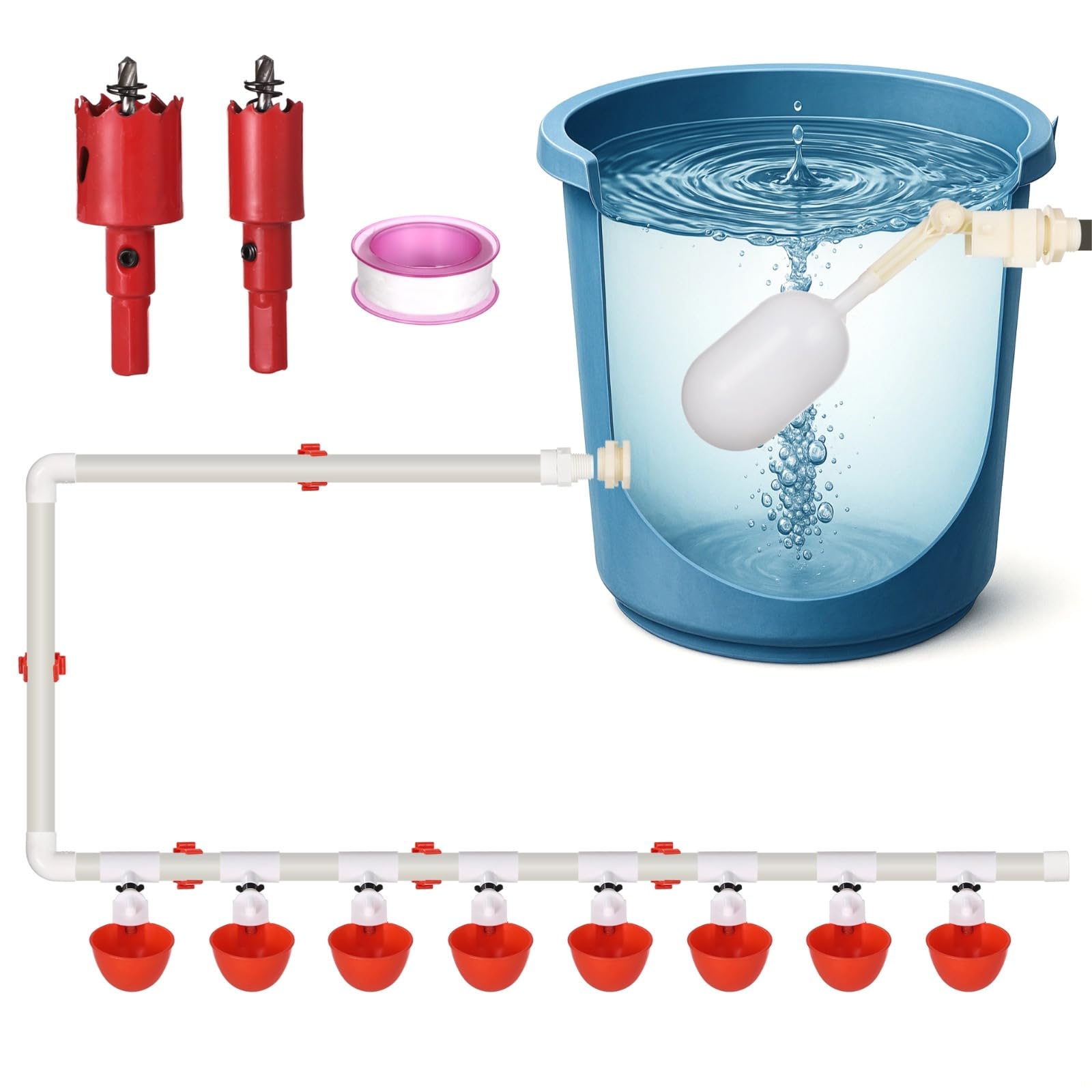 Sistema di irrigazione automatica per pollame, kit completo di condutture in PVC con otto bicchieri, connettori a T, valvola galleggiante, alimentatore per tubi per polli, facile montaggio fai da te