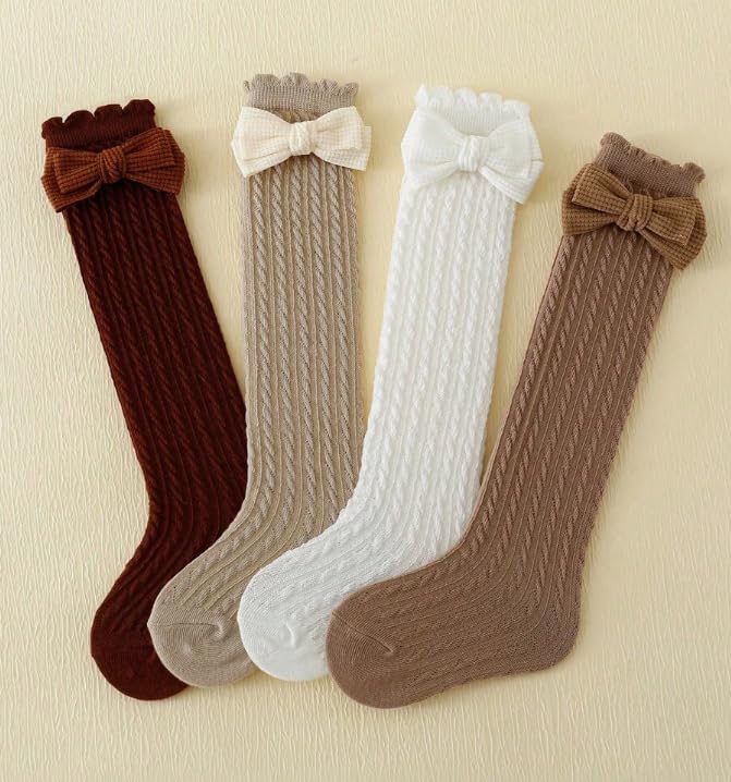 Cable Knit Knee High Socks with Bow, Brown White Beige Tones, Cotton Blend, 4 Pairs Pack, Toddlers Girls Kids - Image 3