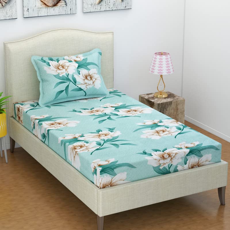BSB HOME Premium Cotton Flat Single Bedsheets with 1 King Size Pillow Covers |Single Bed Breathable|Wrinklefree | Ultrasoft 180 TC Supersoft |88x60 Inches, 5 x 7 ft | Aqua, Floral (B0BTJ3X5SB) Amazon Price History, Amazon Price Tracker