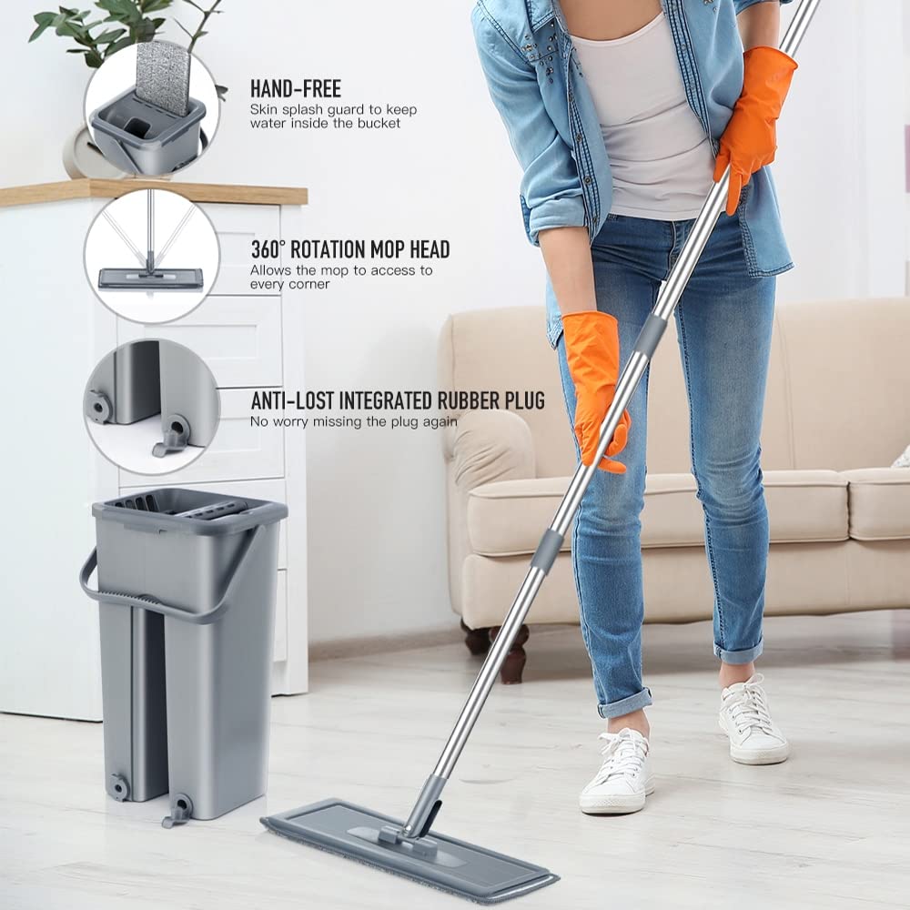 fregona Mop Squeeze Plana con Cubo rotación de 360 ​​Grados Libre de Lavado de Manos Limpieza del Piso Fregona Microfibra Mat for seco y húmedo mop (Color : DR-FE09)