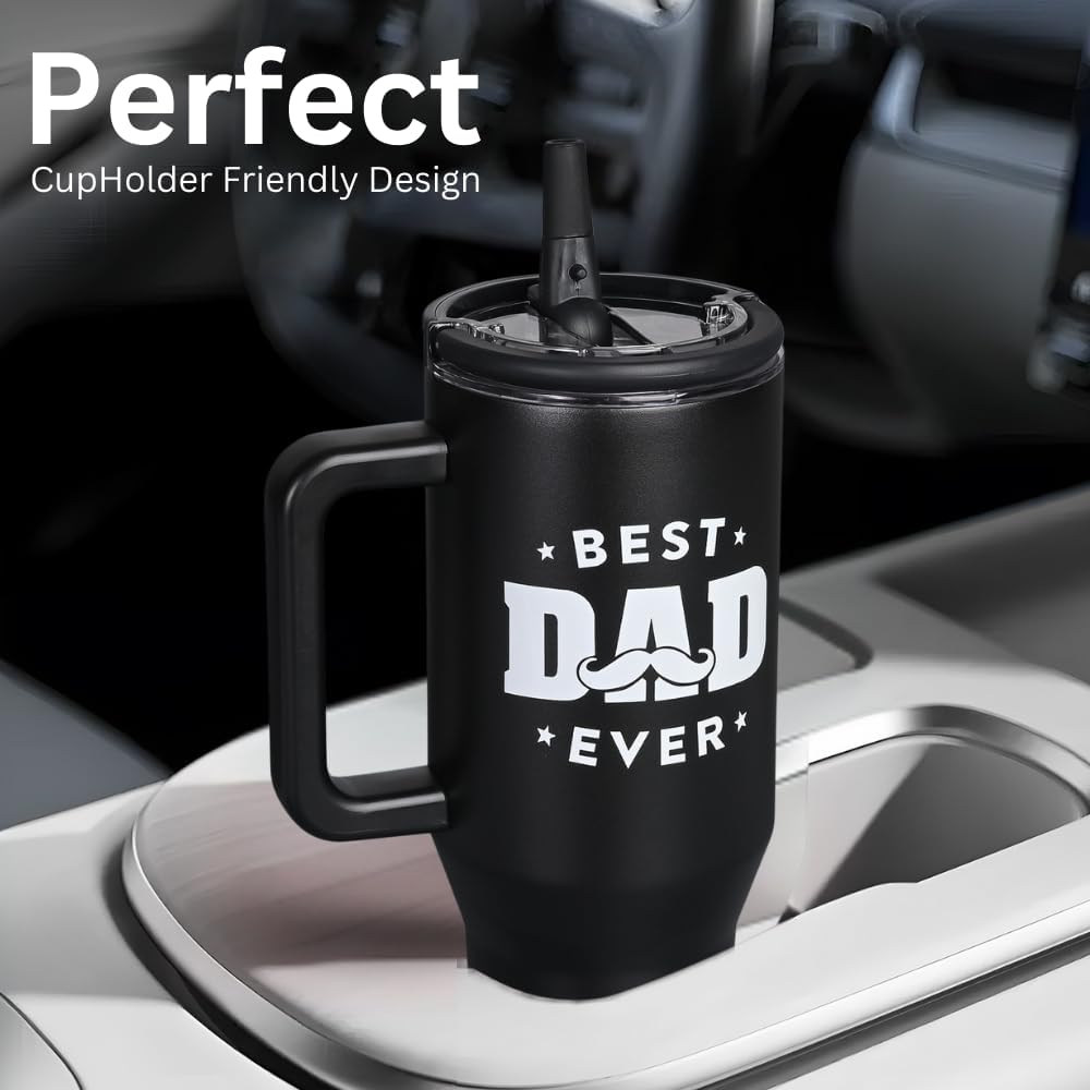 Christmas Gift for Dad - 40 oz Tumbler with Handles & Straw Lid, Insulated Travel Coffee Mug, Leak Proof Tumbler, Best Dad Ever Stainless Steel Cup with Cleaner Birthday Gifts for Father - Image 5