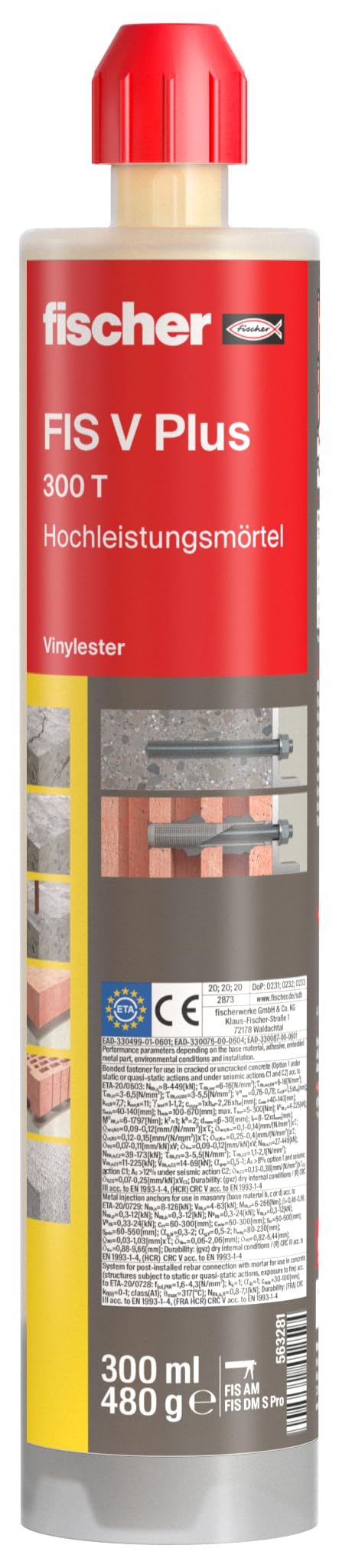 fischer Hochleistungsmörtel FIS V Plus 300 T, kraftvoller Universalmörtel für Beton und Mauerwerk, 1 x 300 ml Kartusche