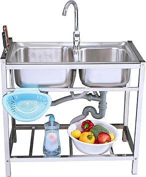 Stainless Steel Sink,freestanding Kitchen Sink,Stainless Steel Kitchen Sink,Double Tank with Knife Holder,hot and Cold Faucet,Drainer with Basket,for Indoor Kitchen,Laundry Room,Outdoor Garden Color