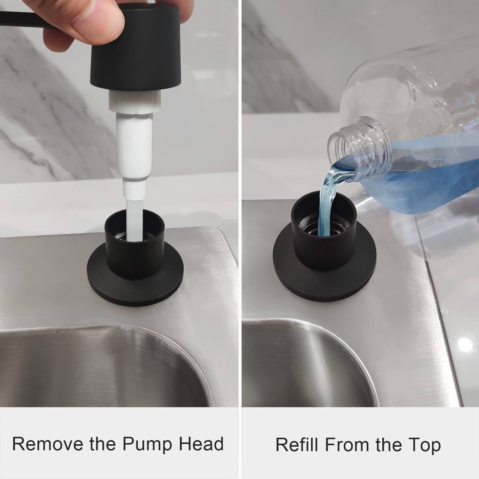 EADOT Distributeur de savon intégré en laiton à longue buse pour évier de cuisine avec bouteille en PET de 500 ml par le haut, tête de pompe en laiton de comptoir, convient aux trous de 2,5 cm à 4,6